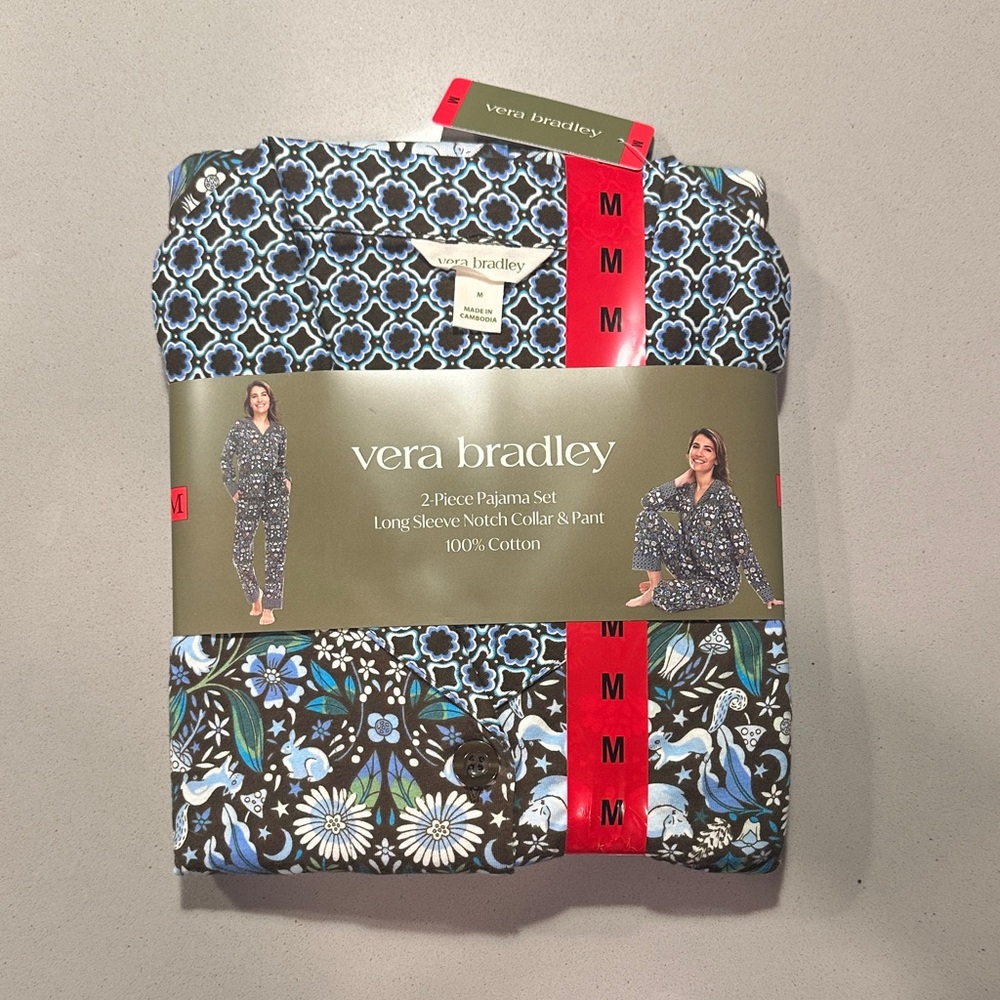 Vera Bradley Black and Blue Floral Pajama Set. Brown, white, blue, green.